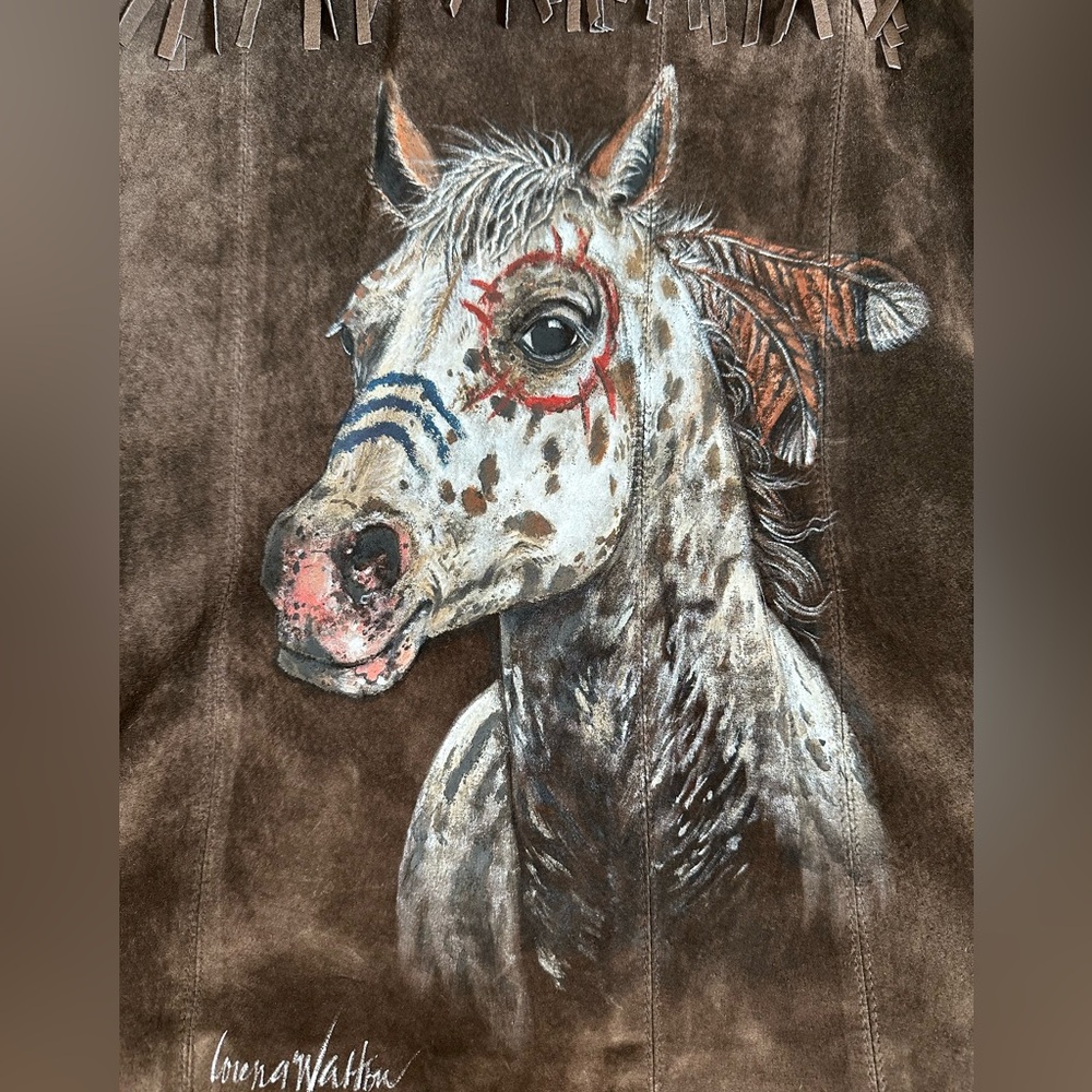 Gorgeous handpainted suede fringe jacket sz SM tribal Southwest horse eagle OOAK - Picture 4 of 12